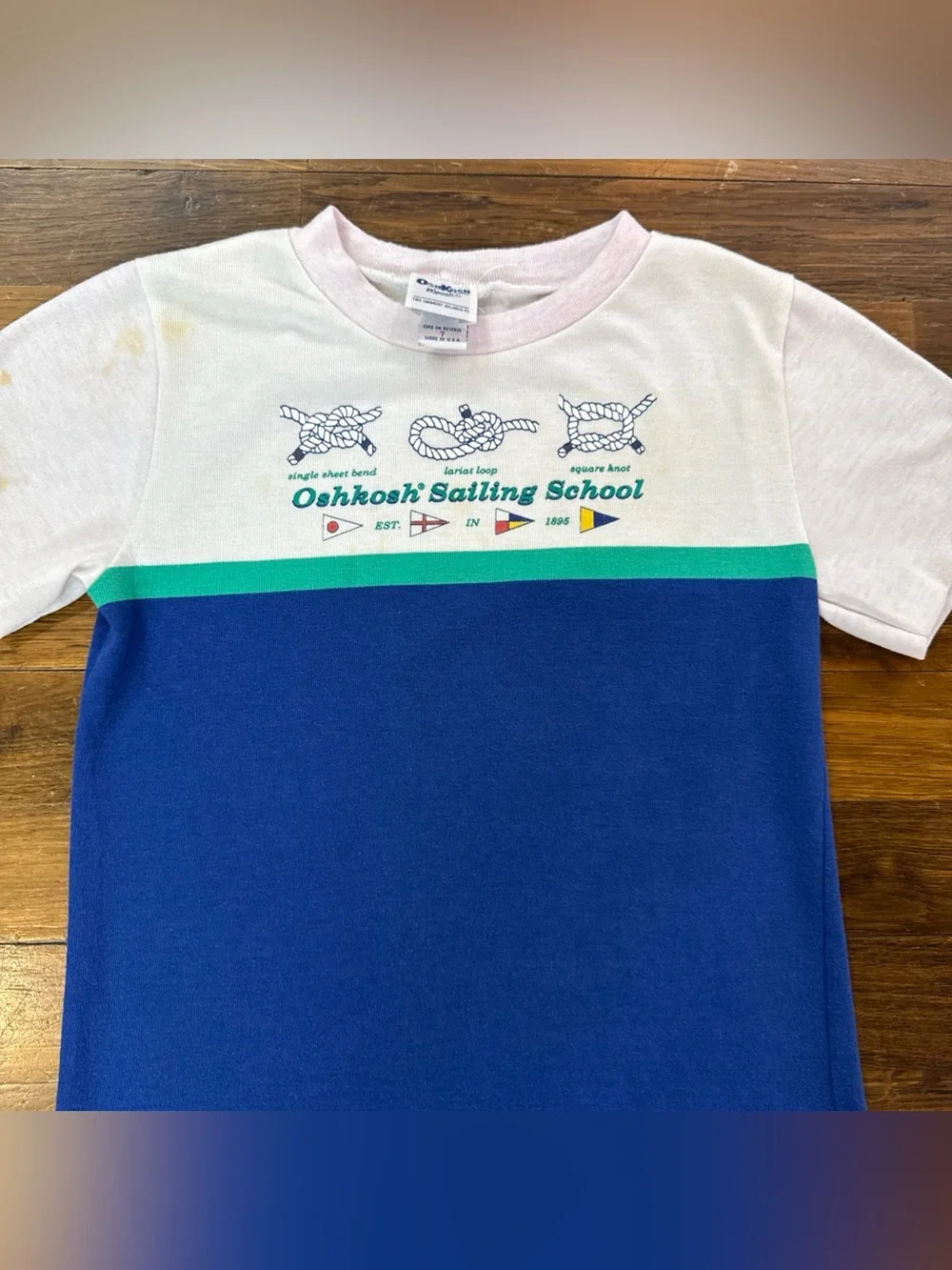 VTG 1991 OshKosh Bgosh Boys Size 7 Sailing School T Shirt 50/50 Colorblock USA